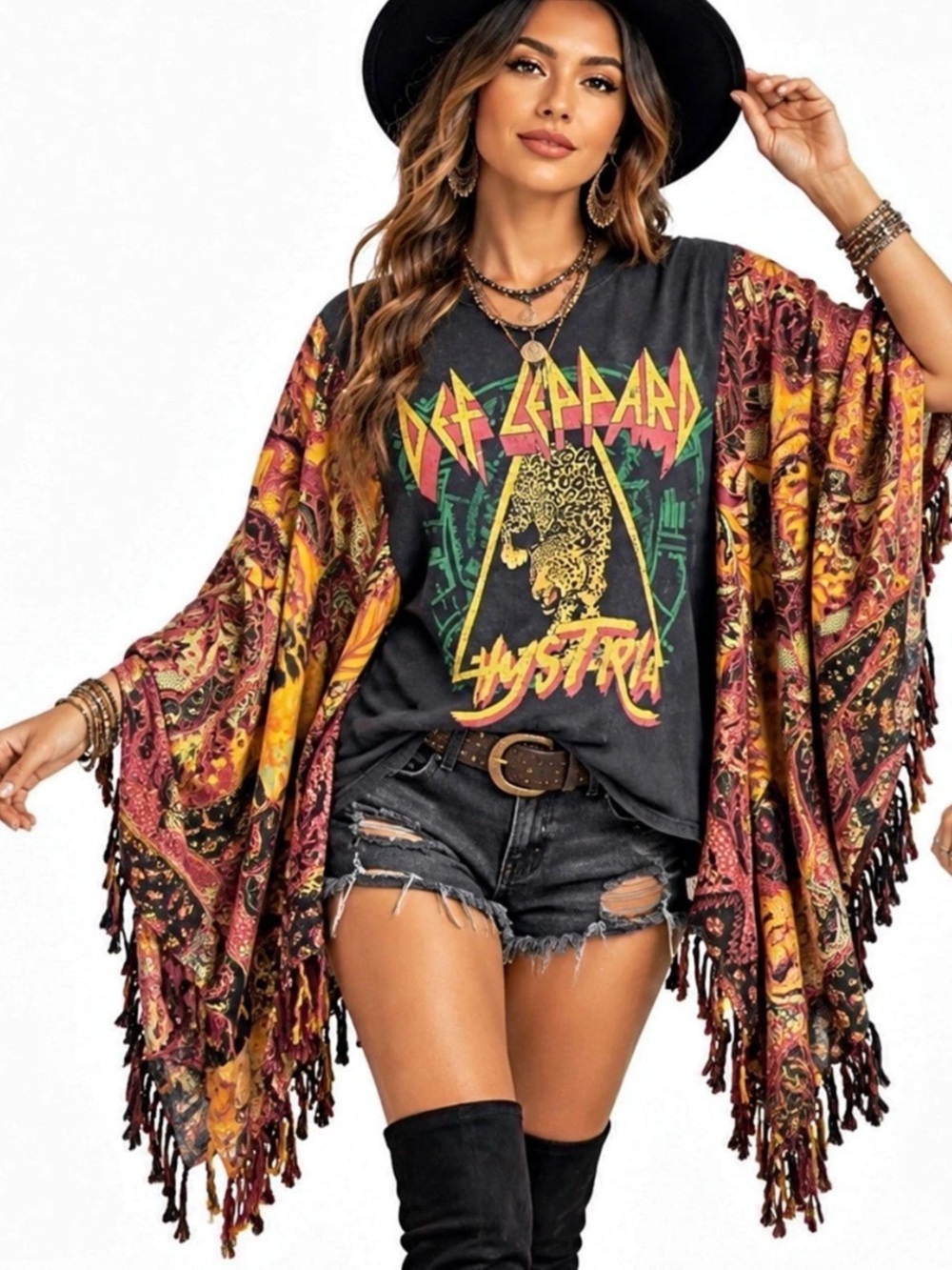 LA Soul Graphic Fringe Sleeve Tunic in Black & Multicolor Like New
